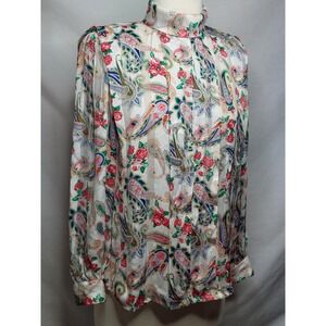Vintage Paisley Floral Blouse High Neck Boho Romantic Sheer Light Office USA